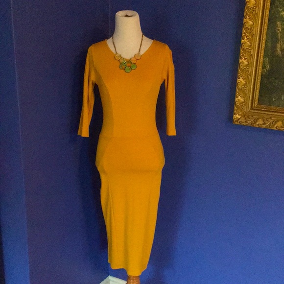 Unique Vintage Mod 60s Wiggle Pencil Dress mustard goldenrod yellow pinup - Picture 6 of 17